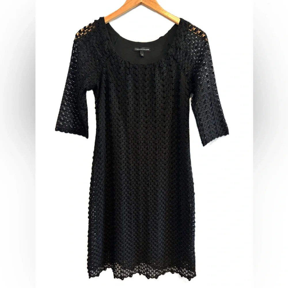 Chris McLaughlin Black Solid Lace 3/4 Sleeve Midi Dress Size 6